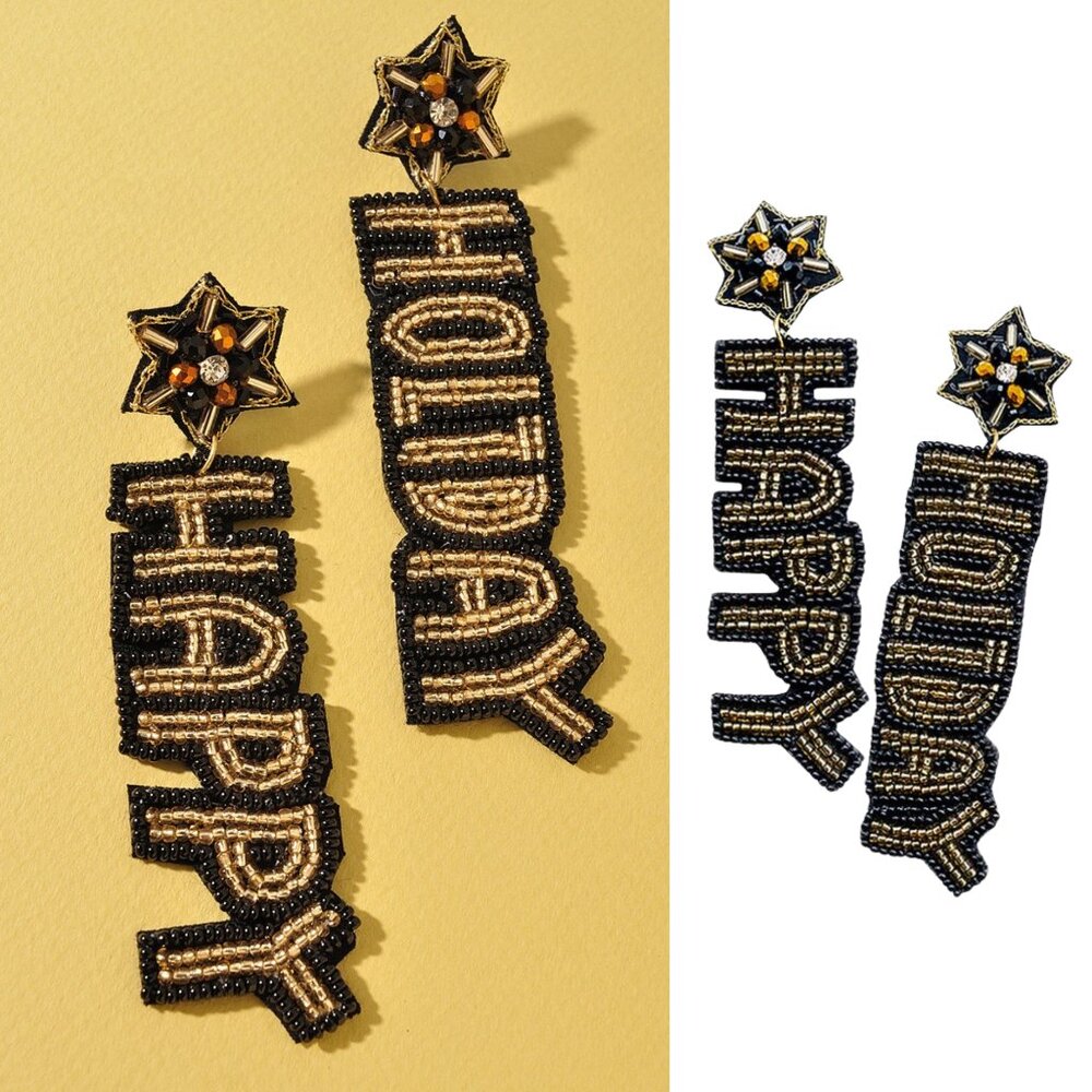 Happy Holiday Seed Beaded Message Dangle Earrings